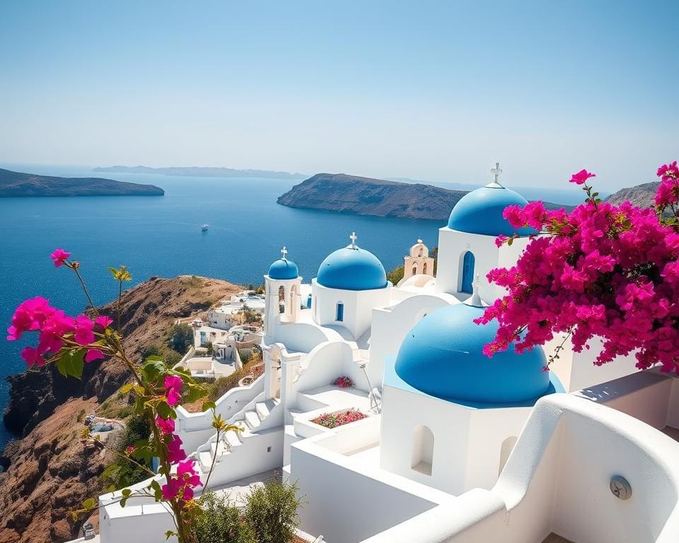 witte huizen met blauwe koepels in Santorini