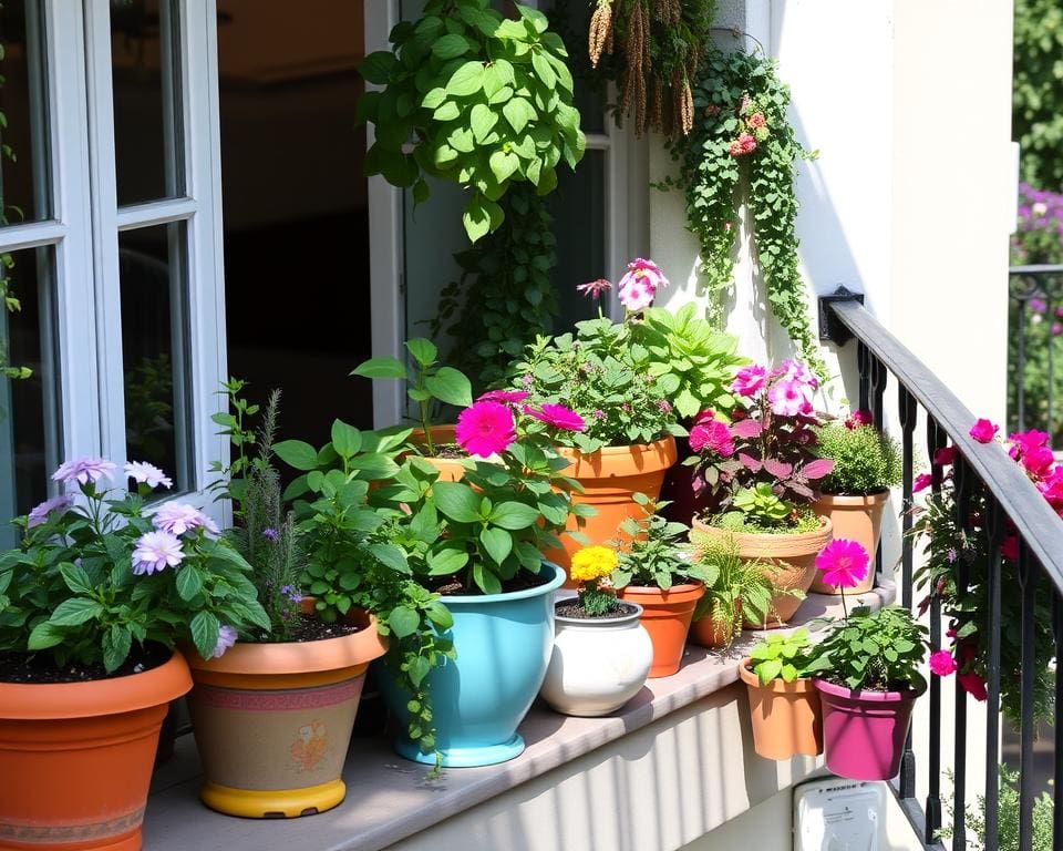 Balkontuin ideeën met plantenbakken en potten