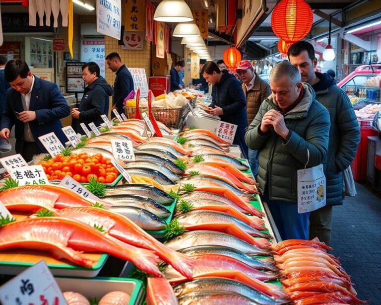 Proef de verse visgerechten op de markten van Tokio