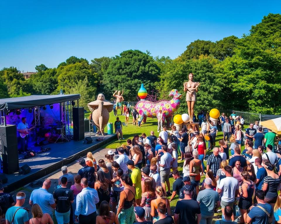 Festivaldag met muziekoptredens en kunstinstallaties