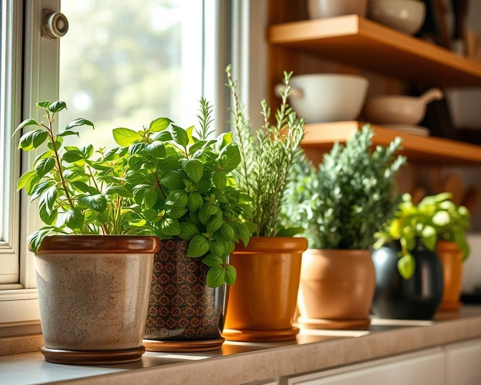 Keukenpotten voor het kweken van verse kruiden in huis