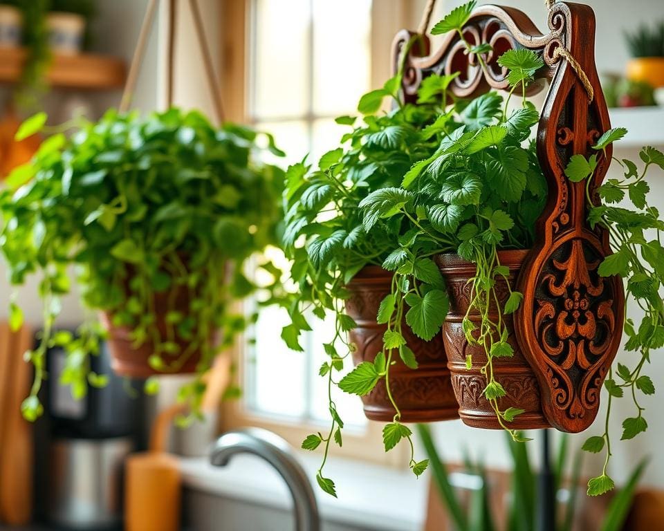 Hangende kruidenpotten met een decoratieve houder
