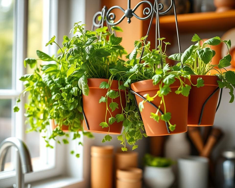 Hangende kruidenpotten met een decoratieve houder