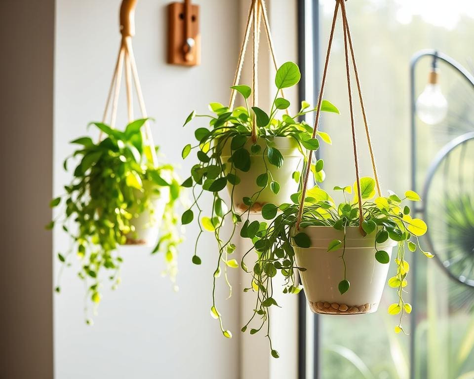 Hangende plantenpotten met een zelfwateringssysteem