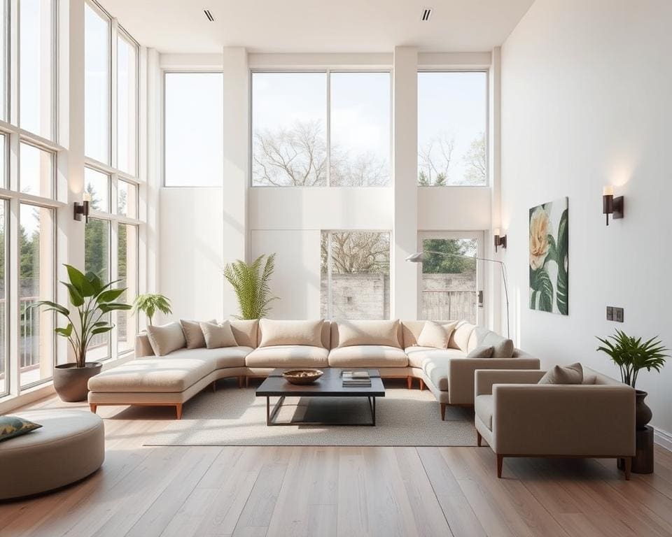 Hoe richt je een woonkamer in met grote raampartijen?