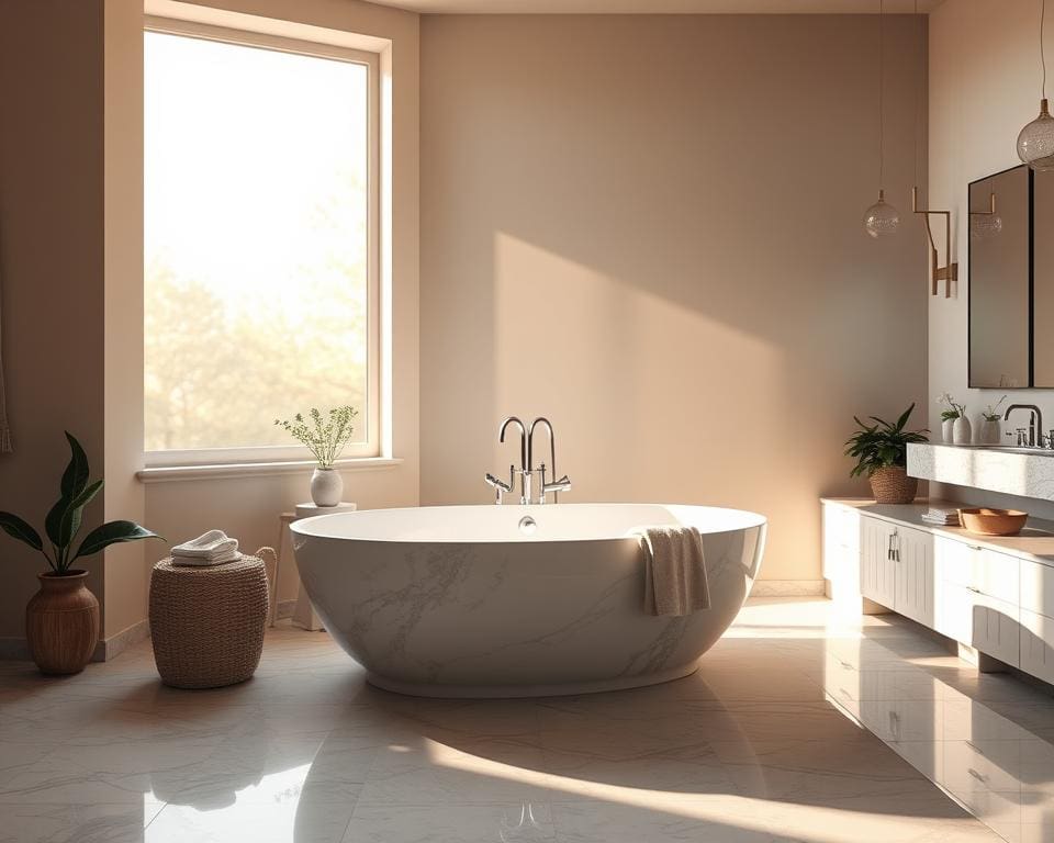 Een sfeervolle badkamer met vrijstaand bad